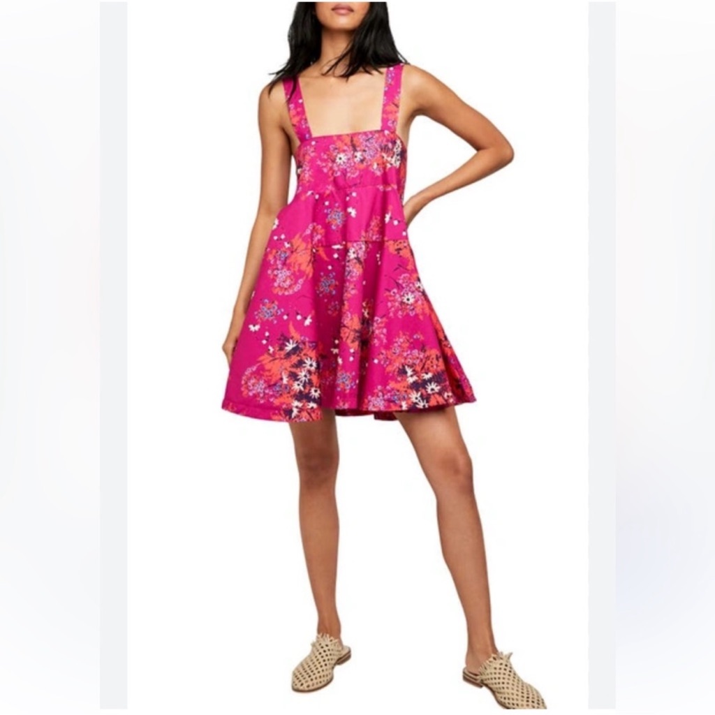 Free People Cotton Babydoll Square Neck Mini Dress In Pop Combo Floral Pop Sz M